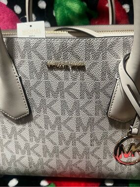 Michael Kors Beige Gray Signature Tote with Gold Logo Charm